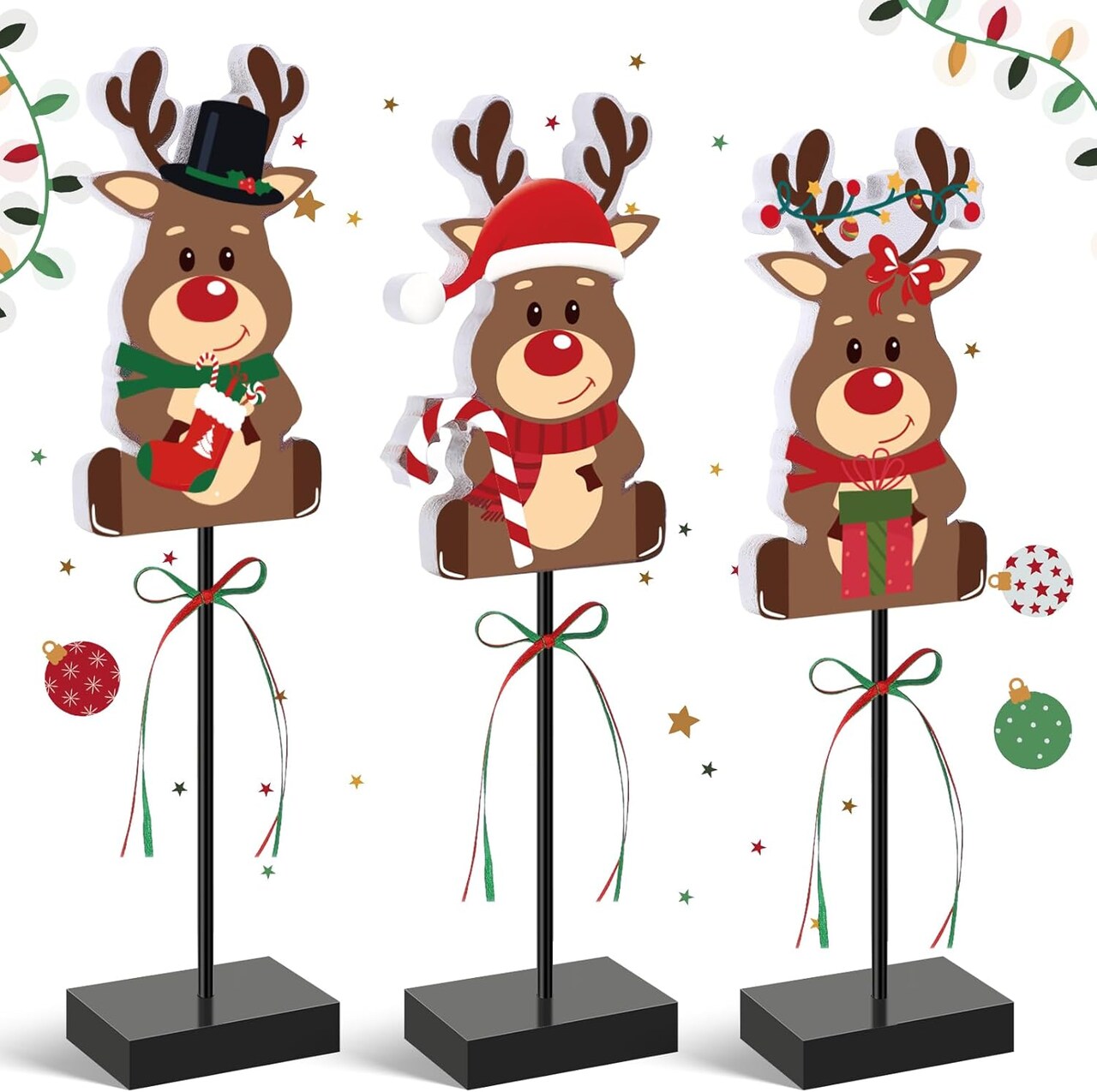 3 Pcs Christmas Table Decorations Wooden Cute Christmas Reindeer Table Centerpiece Reindeer Tiered Tray Decorations Cute Christmas Reindeer Decorations for Indooer Office,Stocking Stuffers